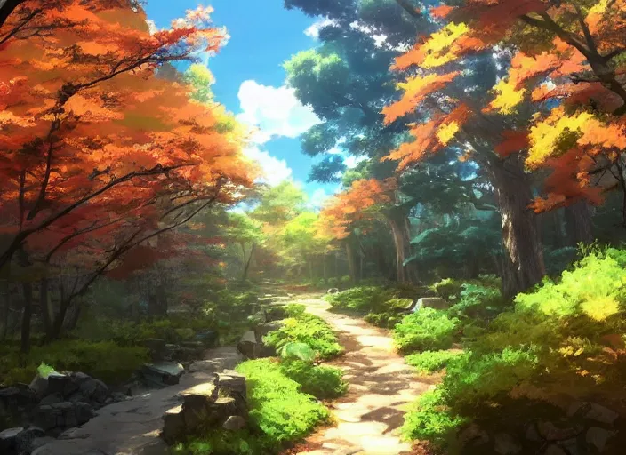 Image similar to going on a nature walk through the woods in Japan, anime scenery by Makoto Shinkai, wholesome and sunlit, discovery