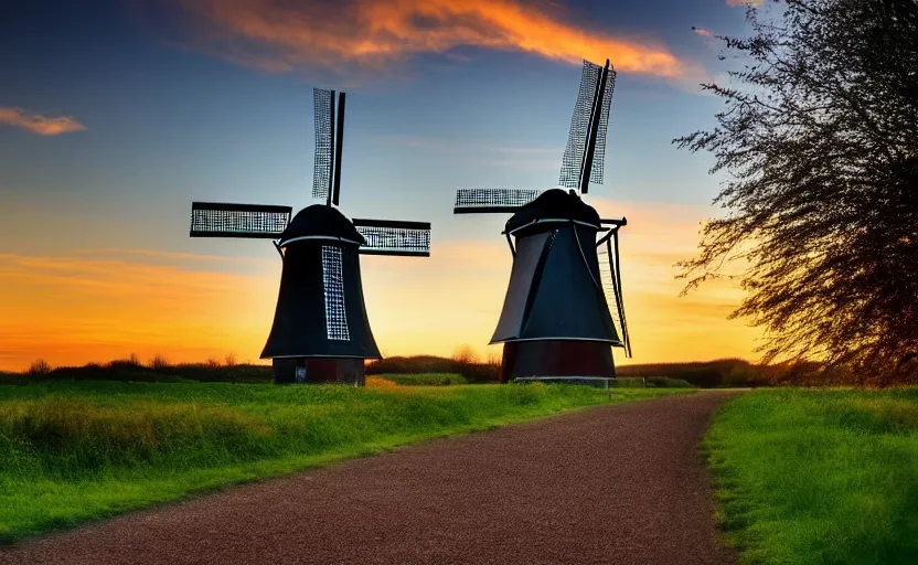 Prompt: a beautiful landscape in the netherlands with a windmill at sunset, in the style of derwent lees