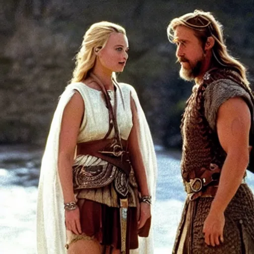 Prompt: still of ryan gosling and margot robbie, in a viking movie ( 1 9 8 6 )