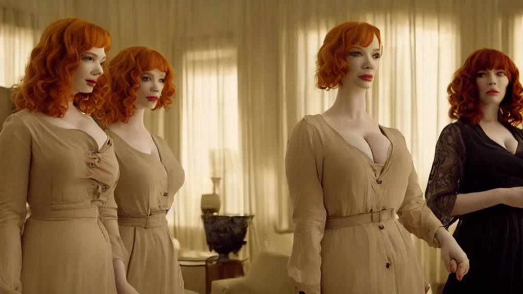 Prompt: a very happy beautiful Christina Hendricks and her twin sister in the living room, film still from the movie directed by Denis Villeneuve with art direction by Salvador Dalí, wide lens