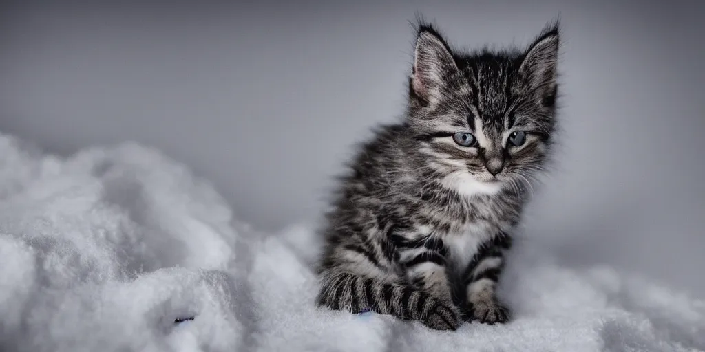 Image similar to cinematic photo of a single kitten with long ears. it is lying in the snow under the moonlight, studio lighting, in the style of rodger deakins and greig fraser and david fincher and denis villeneuve, moody, rim light, beautiful lighting, 8 k, stunning scene, blade runner, dune, seven,