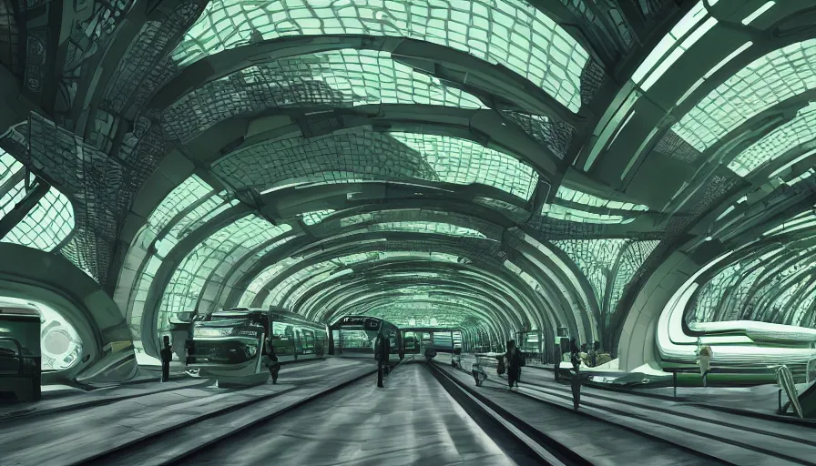 Image similar to interior of a green and white futuristic train station, hyperdetailed, artstation, cgsociety, 8 k