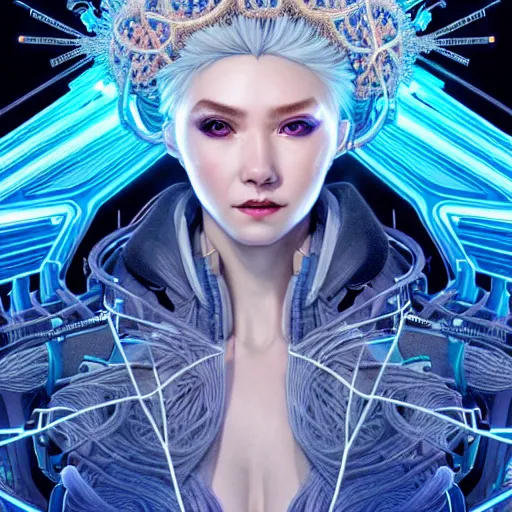 Prompt: high quality, high detailed portrait of a snow queen cyberpunk character in a futuristic world, snow crush. hyperrealism, intricate details, cables, wires, elaborate futuristic crown. connectors led. tristan eaton, victo ngai, artgerm, rhads, ross draws, alphonse mucha, pastel colors, vintage, artstation, vector. 8 k