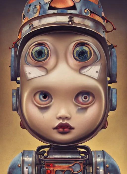 Image similar to closeup portrait of tin toy robot girl trap, depth of field, zeiss lens, detailed, symmetrical, centered, fashion photoshoot, by nicoletta ceccoli, mark ryden, lostfish, breathtaking, 8 k resolution, extremely detailed, beautiful, establishing shot, artistic, hyperrealistic, octane render