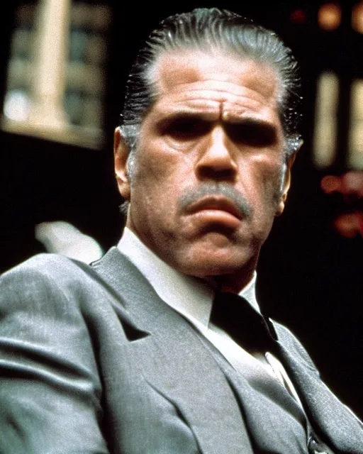 Image similar to film still close up shot of ron perlman as vito corleone from the movie the godfather. photographic, photography