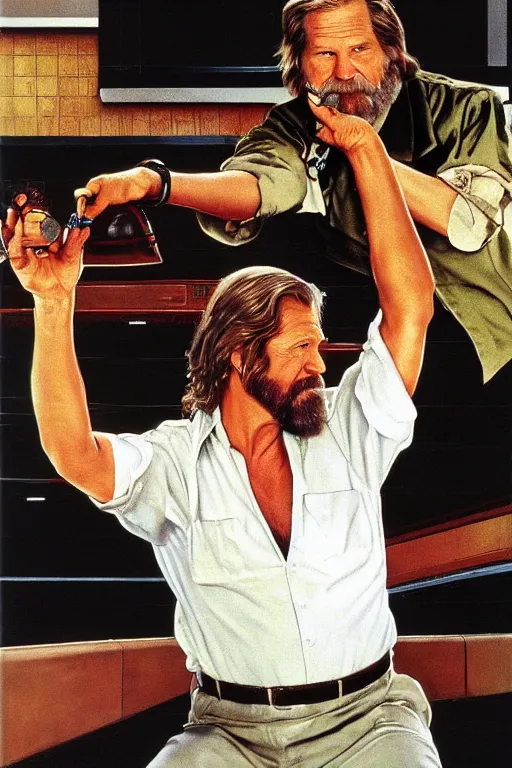 Prompt: Jeff Bridges from the movie The big Lebowski playing bowling painted by Norman Rockwell