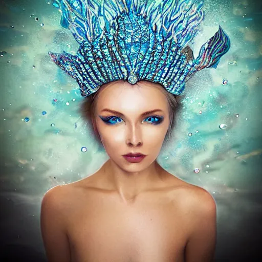 Prompt: an ultra perfect portrait of a fantastic mermaid with an ultra perfect and ultra detailed wild face with beautiful, ultra detailed wild blue eyes a fantastic crown of diamons and a diamond dust glitter and sparkles tail, swimming in a beautiful blue ocean