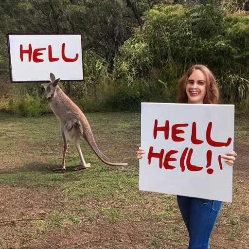 Prompt: <photograph signText(hello) caption(Kangaroo with a sign that says hello)/>