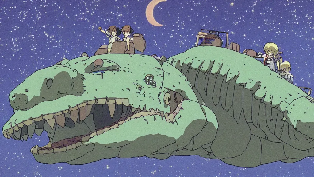 Image similar to a movie still from a studio ghibli film showing a giant mechanized crocodile from howl's moving castle ( 2 0 0 4 ). a pyramid is under construction in the background, in the rainforest on a misty and starry night. a ufo is in the sky. by studio ghibli