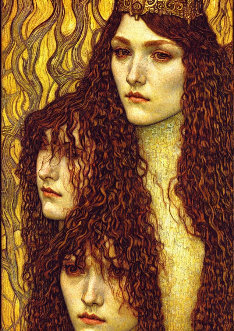 Image similar to detailed realistic beautiful young medieval queen face portrait by jean delville, gustav klimt and vincent van gogh, art nouveau, symbolist, visionary, gothic, pre - raphaelite, muted earthy colors, desaturated