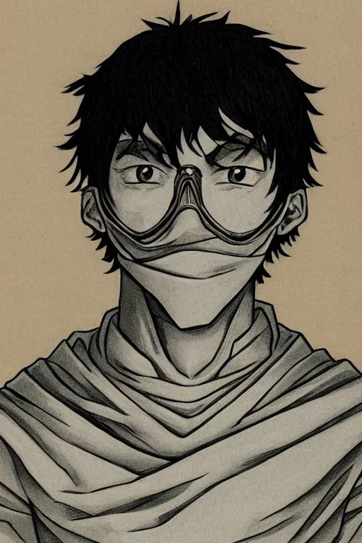 Image similar to portrait of young man wearing black medical mask, style of kentaro miura