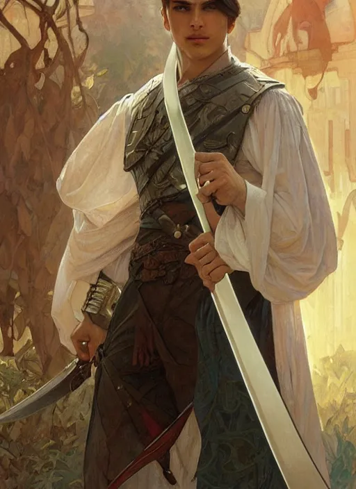 Prompt: a young man with wide, intense eyes. he is bald and clean shaven, dressed entirely in white and holding a huge sword. painting by artgerm and greg rutkowski and alphonse mucha