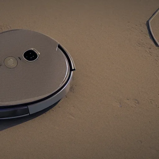 Prompt: a highly detailed digital image of a Roomba by Andrew Chiampo, artstation, and Frederik Heyman, extremely detailed sand, stunning volumetric lighting, hyper realism, fantasy 4k, 8k