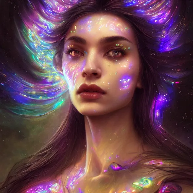 Prompt: detailed portrait of beautiful witch made of iridescent plasma, dark fantasy, sharp focus, vibrant, vivid, glowing magical shiny skin, symmetry, highly detailed, 4 k digital painting, detailed skin, iridescence reflecting, crystal particles, magical, raytracing, plasma, artistic, concept art by artgerm, greg rutkowski, alphonse mucha, unreal engine render,