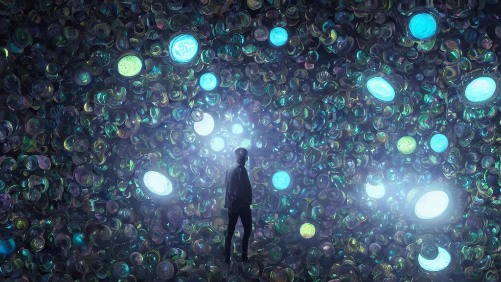 Prompt: swarm of glowing iridescent discs surrounding a man, by greg rutkowski