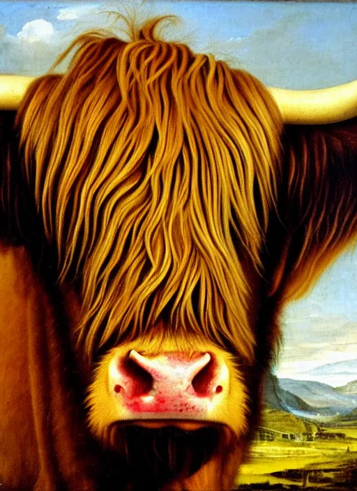 Image similar to oil portrait painting by hans holbein the elder of a highland cow.