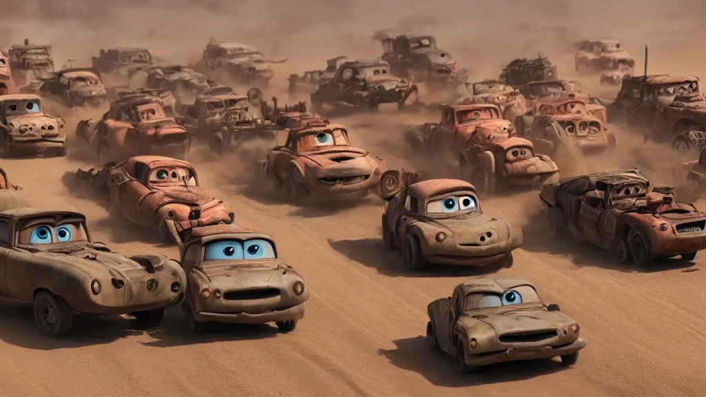 Prompt: pixar cars in mad max fury road, cartoon eyes, war boys, furiosa, explosions, imax