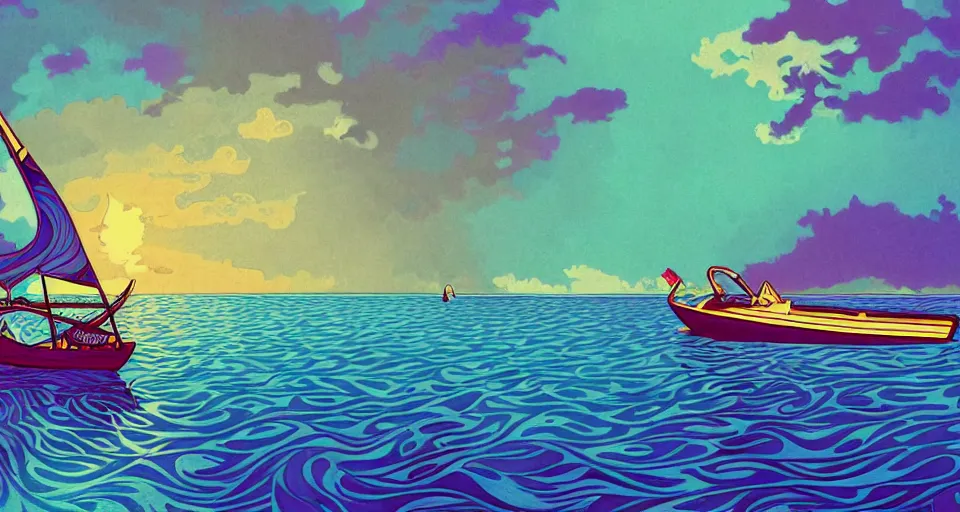 Prompt: [ palate ] [ muted colors ] sublime psychedelic raccoon in a boat, sailboat in rough seas, paisley skies, backlit, sunrise, refracted lighting, outdoors, paisley patterned clouds in the sky, elegant, 8 k resolution, intricate and fine details, award wining composition, photorealistic illustration, artstation, mario martinez, alphonse mucha