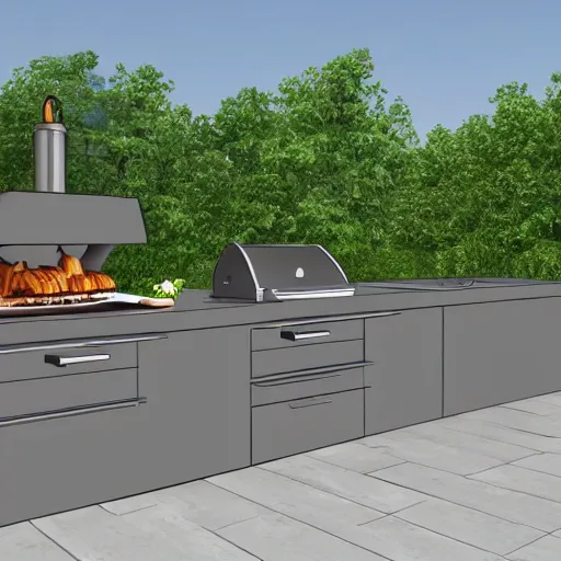 Image similar to modern outdoor kitchen design with grill and pizza oven, designer pencil sketch, HD resolution