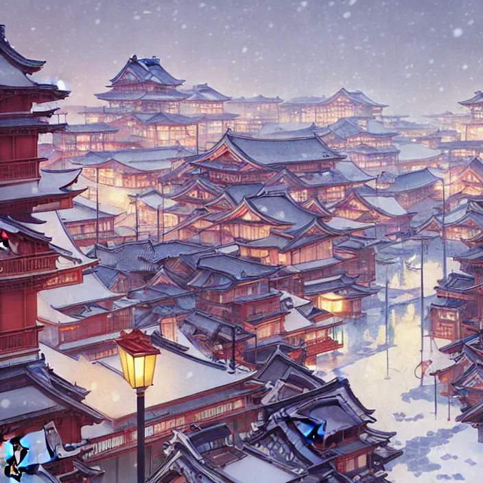 Image similar to japanese big city, winter, in the style of studio ghibli, j. c. leyendecker, greg rutkowski, artem