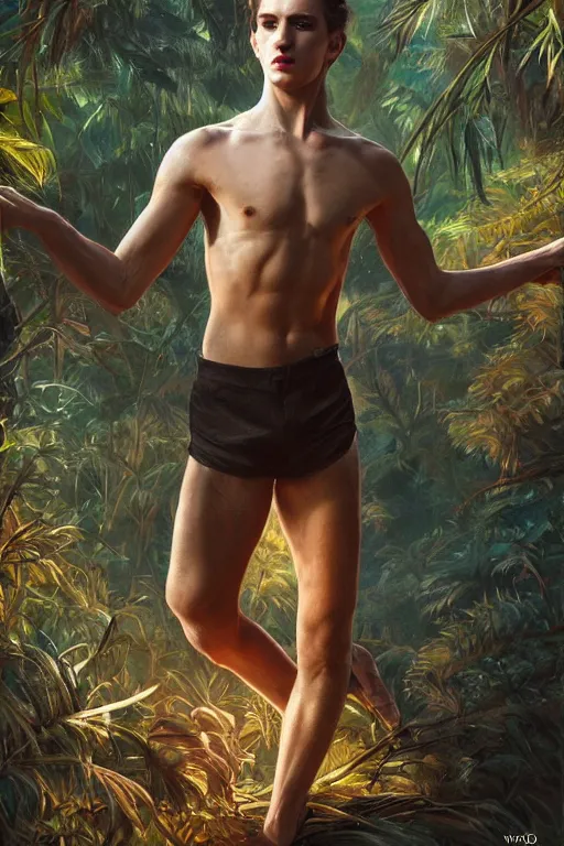 Image similar to stunningly beautiful, male ballet dancer in jungle, symmetrical face, golden hour, smooth, focus, highly detailed, hyper realistic, dramatic lighting, elegant, intricate, concept art, art by wlop, mars ravelo, greg rutowski, artstation