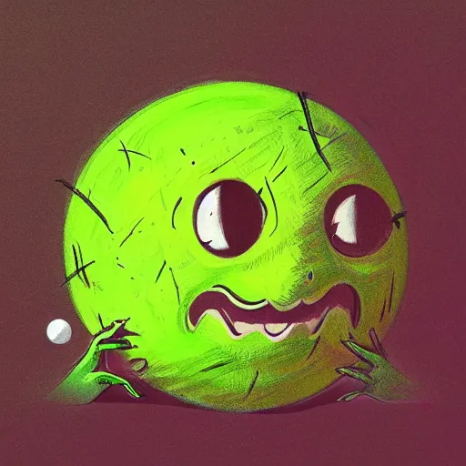 Image similar to a tennis ball monster ,tennis ball, chalk, digital art, fantasy, magic, trending on artstation, ultra detailed, professional illustration by Basil Gogos