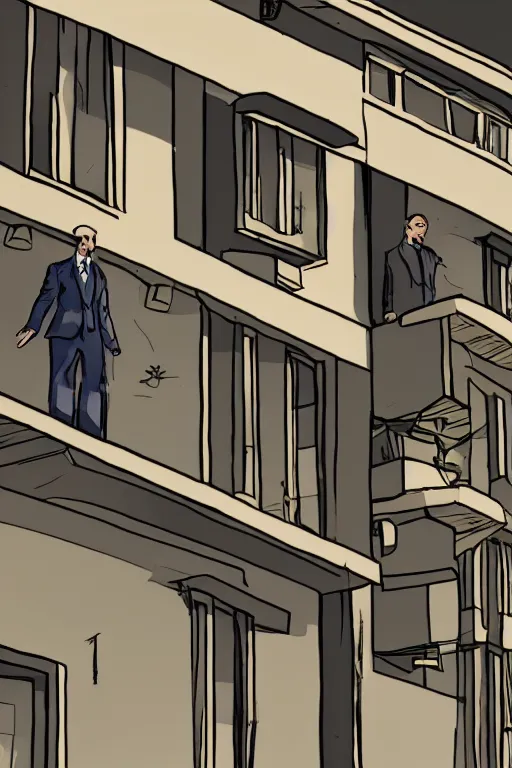 Prompt: A government man from Half-life stands on the balcony of a two-story panel house and watches