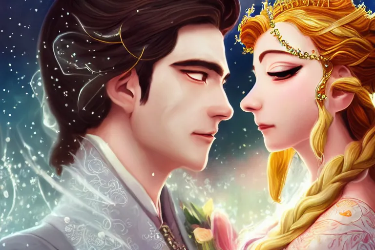 Image similar to a cinematic portrait of wedding photograph jpeg close up moment of a divine a japan sun god and moon goddess lovers magician at a wedding banquet. portraiture. digital painting. artstation. concept art. wedding photo. illustration. frozen ii art masterpiece by art by krenz cushart