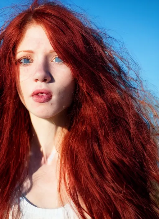 Image similar to close up portrait photograph of a thin young redhead woman with russian descent, sunbathed skin, with deep blue eyes. wavy long maroon colored hair. she looks directly at the camera. slightly open mouth, face takes up half of the photo. a park visible in the background. 5 5 mm nikon. intricate. detailed 8 k. cinematic postprocessing. award winning. luis royo.