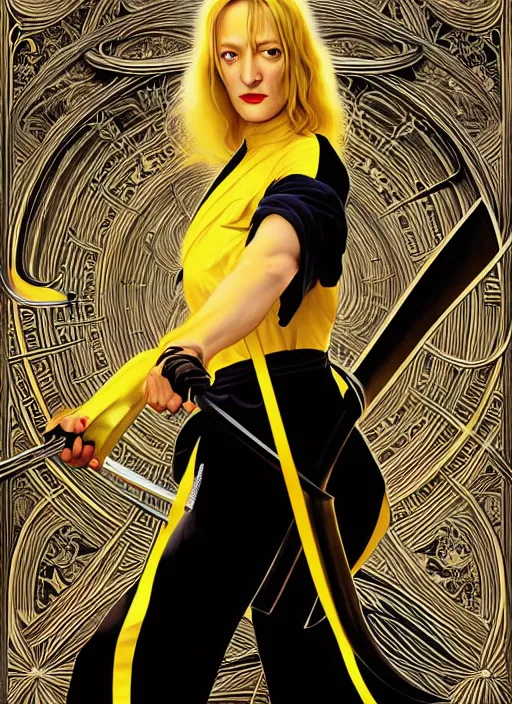 Prompt: uma thurman in kill bill, majestic sword warrior, rococo and art nouveau fusion, swinging reflective katana, yellow jumpsuit with black stripe, highly detailed, deep focus, elegant, digital painting, smooth, sharp focus, illustration, ultra realistic, japanese art by artgerm and alphonse mucha