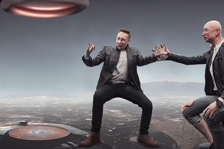 Prompt: elon musk and jeff bezos rap battle, trending on artstation, 8 k, octane render, detailed lighting, high quality render, aesthetic, unreal engine