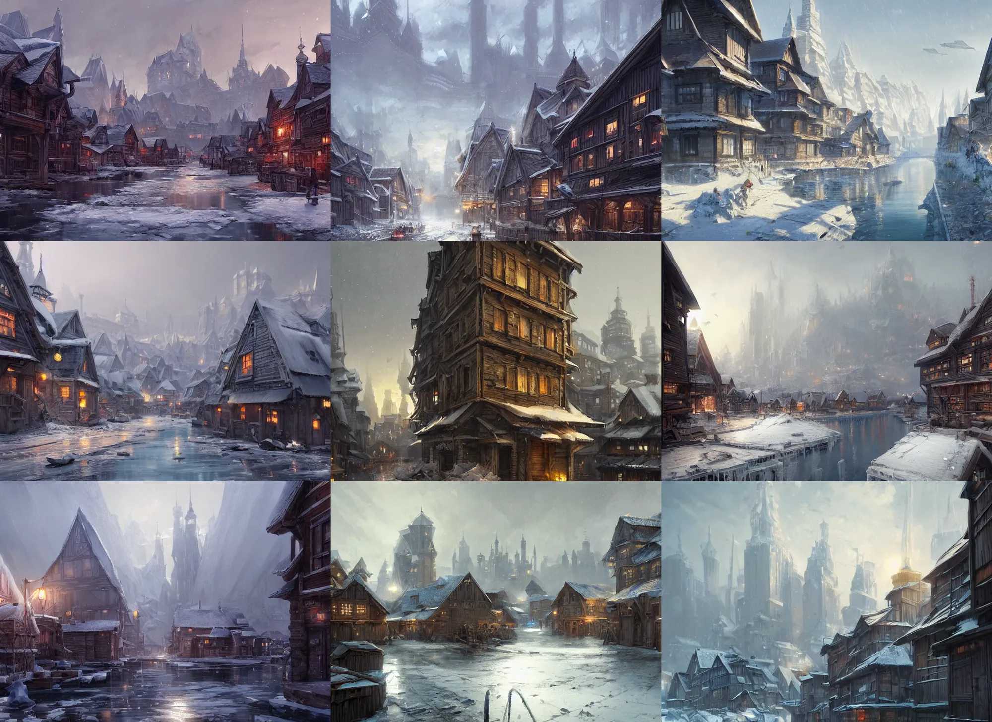 Icy port city wooden buildings trade hub a fantasy Stable