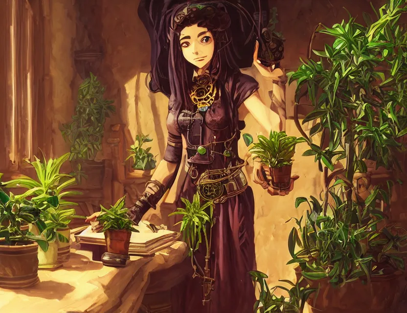 Image similar to middle eastern scifi alchemist in a well lit study with potted plants, wearing a lovely dress with steampunk details. this oil painting by the award - winning mangaka has an interesting color scheme and impeccable lighting.