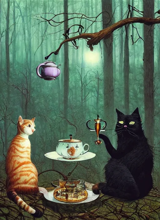 Image similar to cat having tea with a witch in the woods gorgeous lighting, lush forest foliage blue sky a hyper realistic painting by chiara bautista and beksinski and norman rockwell and greg rutkowski weta studio, and lucasfilm