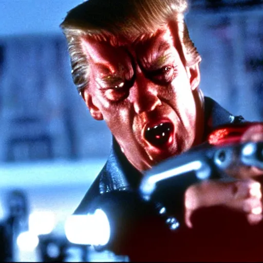 Image similar to A still of Donald Trump as The Terminator from T2 Terminator 2 Judgement Day. Extremely detailed. Beautiful. 4K. Award winning.