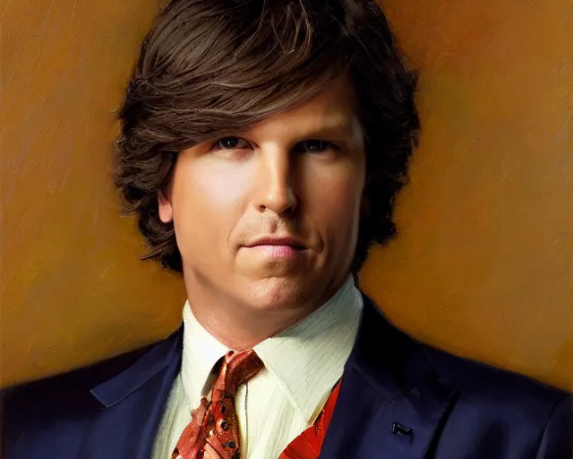 Image similar to closeup portrait of tucker carlson dressed up for fox news, highly detailed painting by gaston bussiere, craig mullins, j. c. leyendecker 8 k