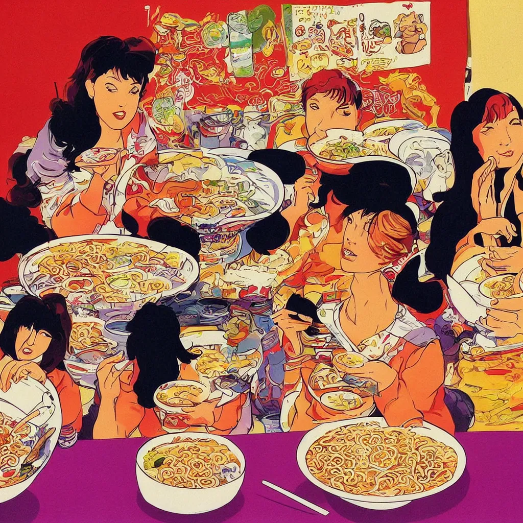 Image similar to 2 beautiful women eating a bowl of ramen, 1990s poster art