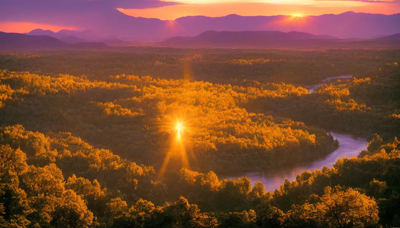 Image similar to a river valley at sunset, photograph with lighting by frederic edwin church, golden hour, nature, 2 4 mm lens, fujifilm, fuji velvia, flickr, 5 0 0 px, award winning photograph, highly detailed, beautiful capture, rule of thirds, crepuscular rays