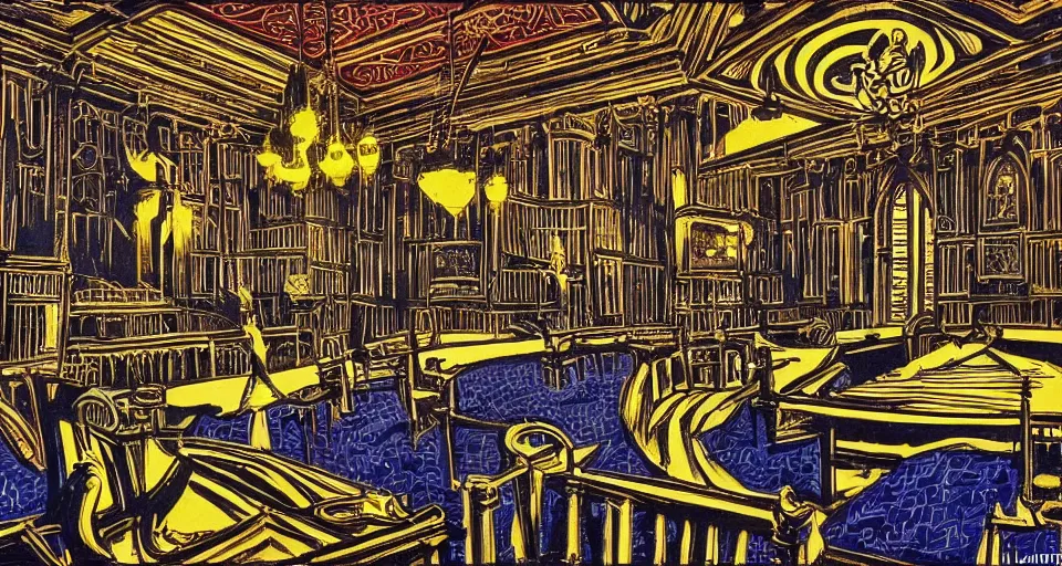 Prompt: london houses of parliament, highly detailed, dramatic lighting, intense shadows, rich deep colours, by roy lichtenstein