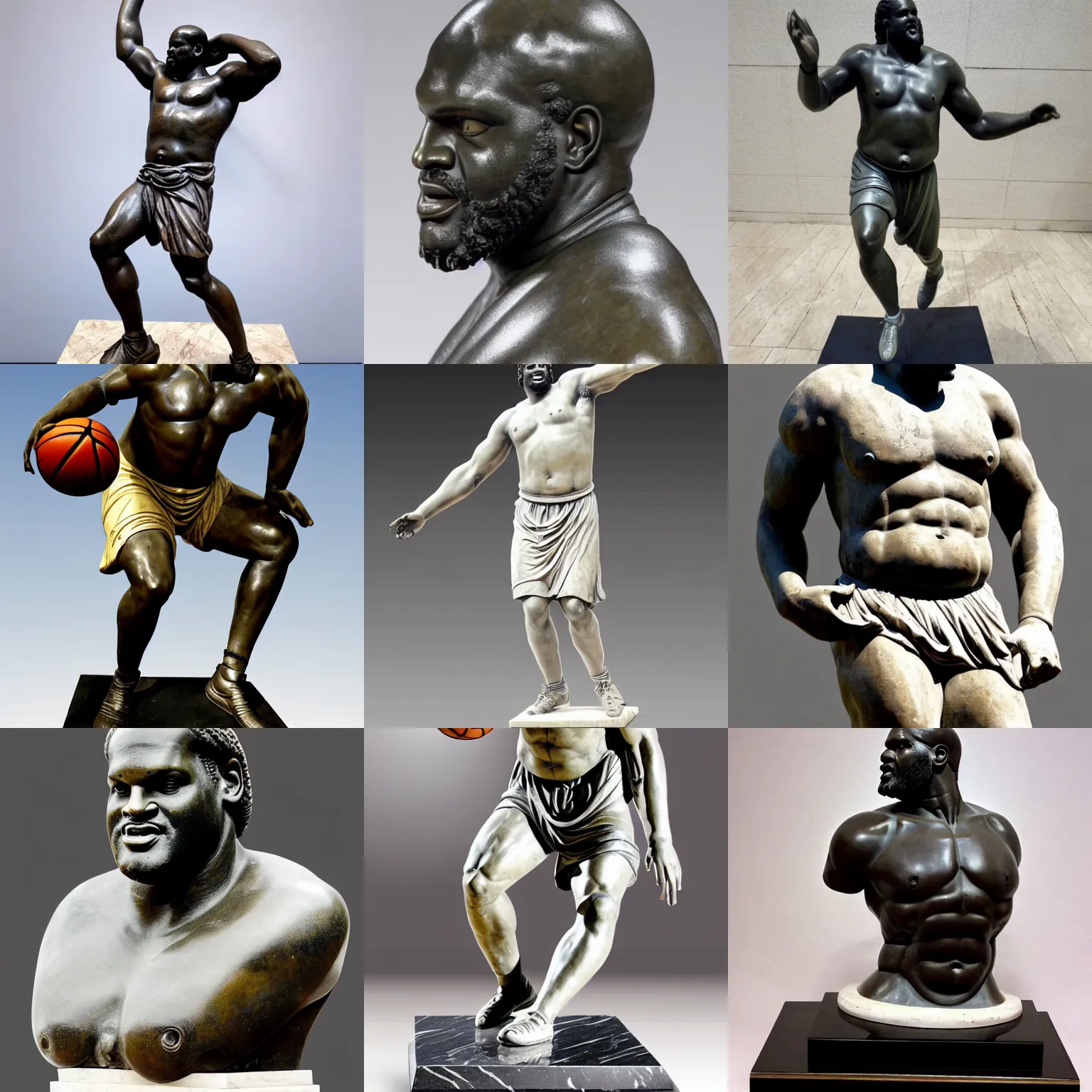 Prompt: ancient greek statue marble sculpture of shaquille o'neal, full body, playing basketball, ( highly detailed face details )