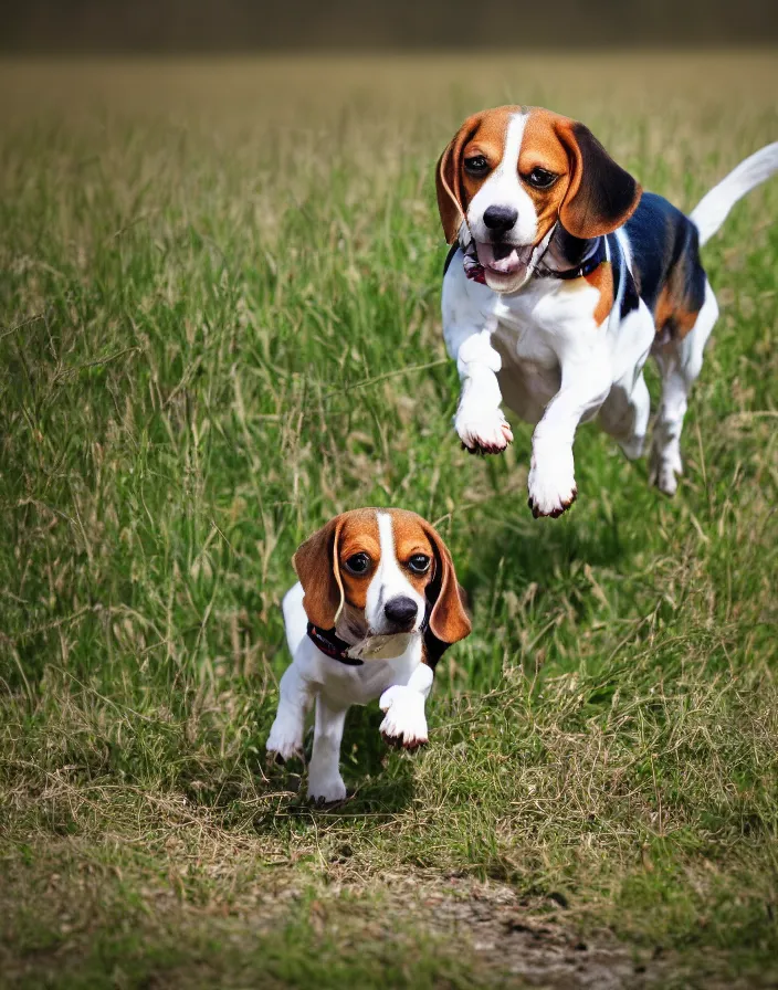 Image similar to a beagle running in a field, 8k, depth of field.