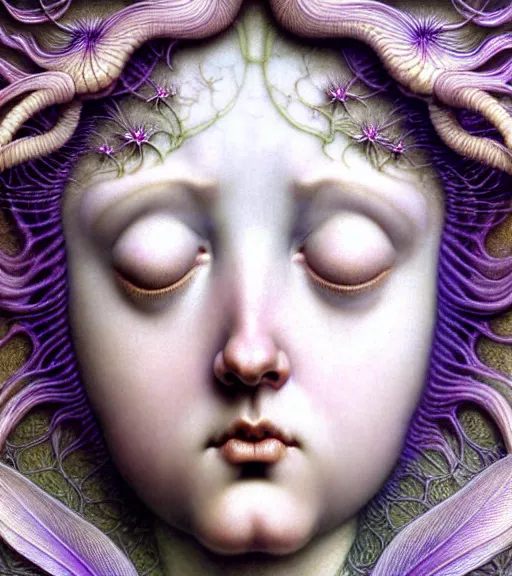 Image similar to beautiful young orchid fairy detailed realistic porcelain face portrait by jean delville, gustave dore, iris van herpen and marco mazzoni, art forms of nature by ernst haeckel, art nouveau, symbolist, visionary, gothic, neo - gothic, pre - raphaelite, fractal lace, intricate alien botanical biodiversity, surreality, hyperdetailed ultrasharp octane render