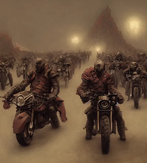 Image similar to motorbikers race in hell, beksinski, age of sigma art, frank frazetta, ruan jia, dark soul armor concept, trending on artstation, wayne barlowe, adrian smith fantasy art, elden ring art, the hobbit art, lord of the ring art, infinity blade armor