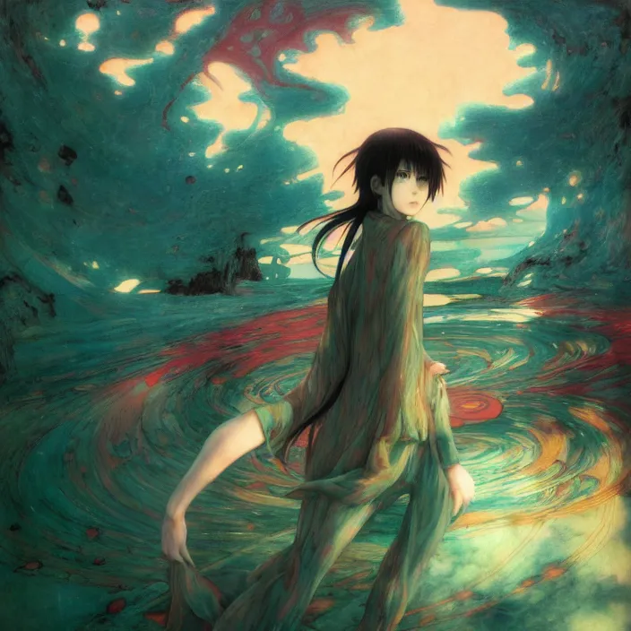 Image similar to mamimi samejima, psychedelic background, female anime character, Lain, uwu, uwu, Luminism Romanticism by John William Waterhouse Beksinski Finnian MacManus Ruan Jia, uwu Hi-Fructose, Artstation, HD, HDR, High Resolution, 1024x1024, technological rings, giygas, demon souls, bloodborne boss