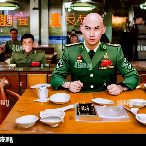 Prompt: cinematic shot of a bald young white man wearing a green chinese maoist military uniform standing in a Subway restaurant, 8k, very intricate, very detailed,