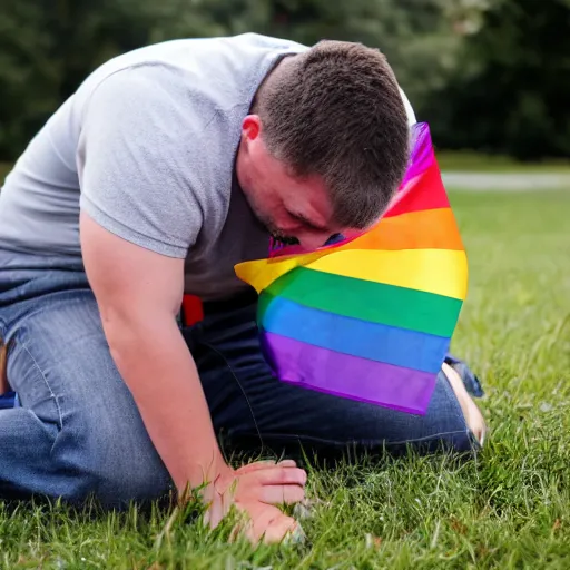 Prompt: lgbt man kneeling on the ground crying, his hands on the ground, holding an lgbt flag, tears coming down his eyes