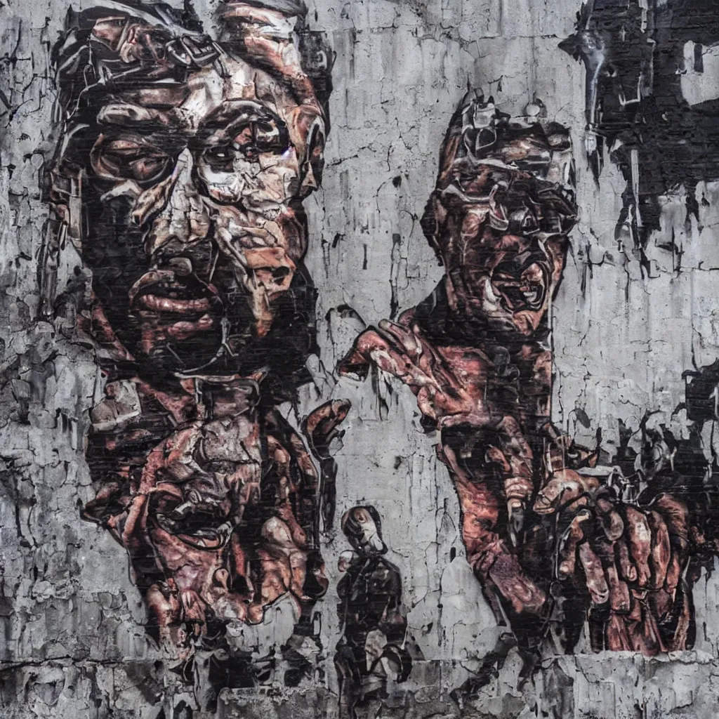 Image similar to kanye west as the terminator, street art, abandoned factory