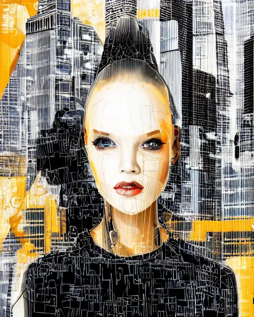 Image similar to cypherpunk fashion illustration, camera face, city street background with high tall buildings, abstract portrait highly detailed, finely detailed