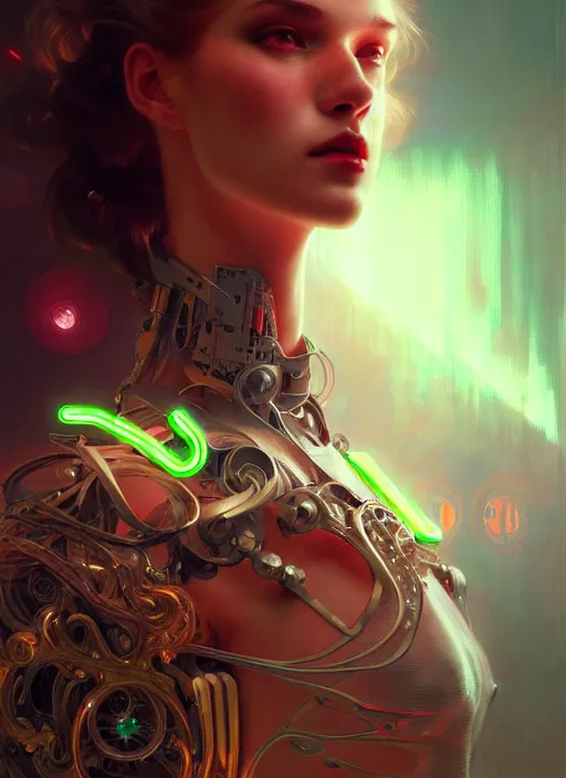 Image similar to neon cyborg, diffuse lighting, fantasy, intricate, elegant, highly detailed, lifelike, photorealistic, digital painting, artstation, illustration, concept art, smooth, sharp focus, art by John Collier and Albert Aublet and Krenz Cushart and Artem Demura and Alphonse Mucha