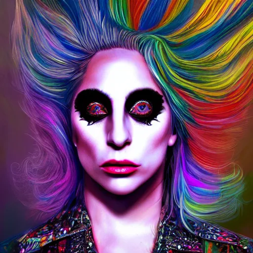 Image similar to an extremely psychedelic portrait of lady gaga as alice cooper, surreal, lsd, face, detailed, intricate, elegant, lithe, highly detailed, digital painting, artstation, concept art, smooth, sharp focus, illustration,